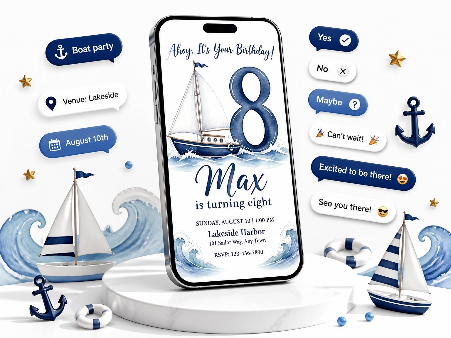 The Navy Watercolor Sailboat 8th Birthday invitation on a phone, with guest RSVPs arriving around it