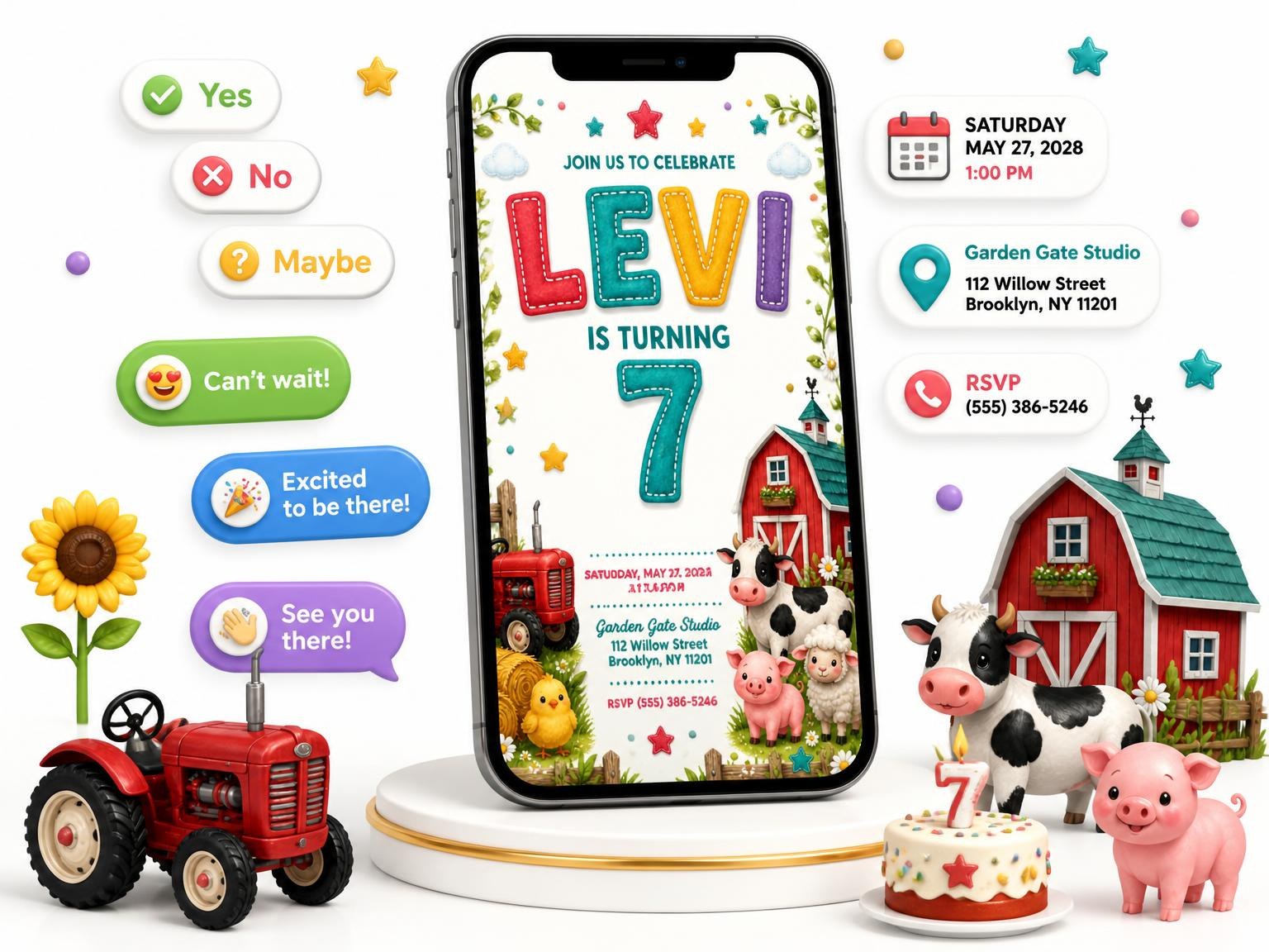 The Stitched Farm 7th Birthday Invitation invitation on a phone, with guest RSVPs arriving around it