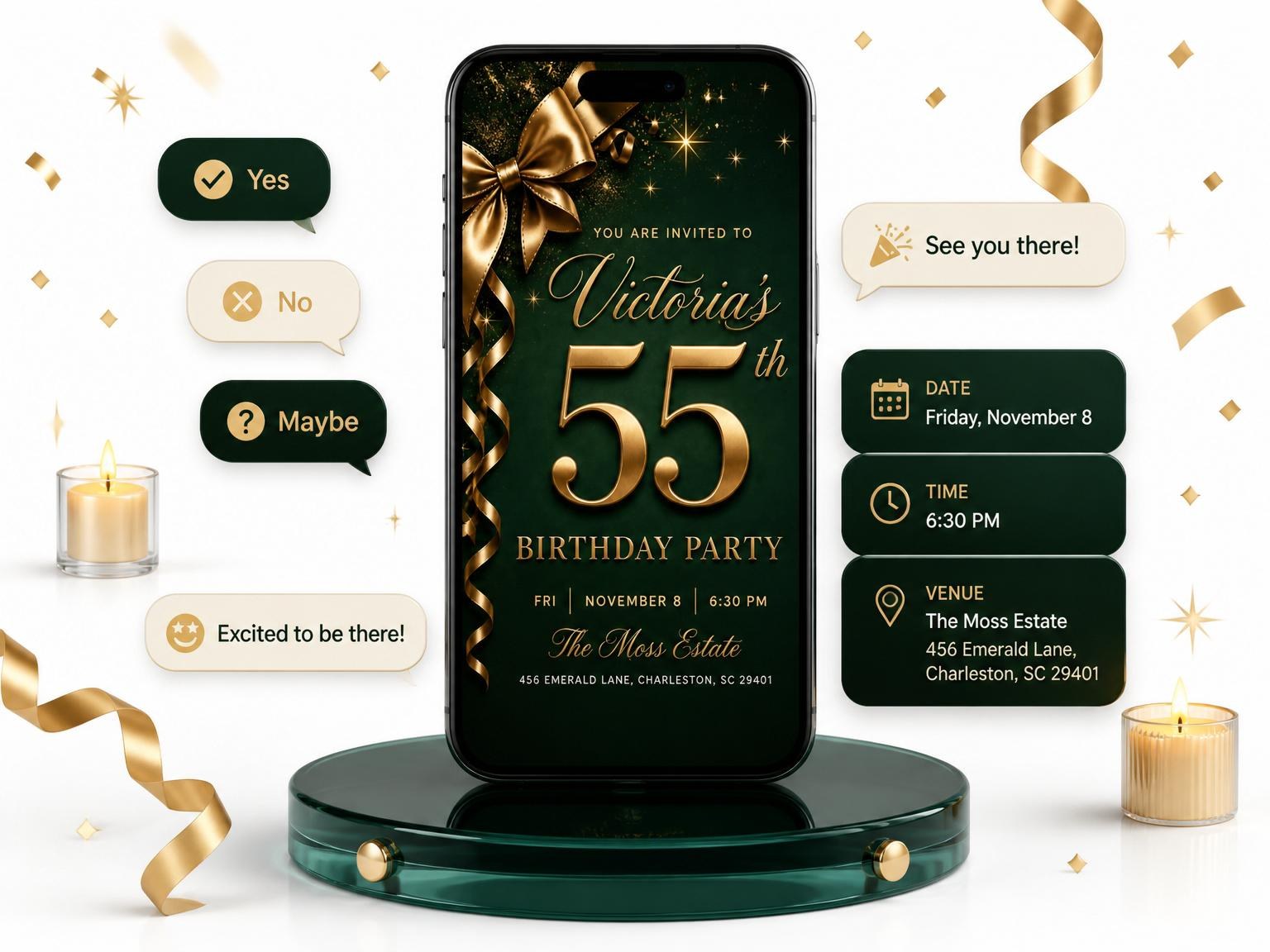 The Emerald Green Bronze Ribbon 55th Birthday invitation on a phone, with guest RSVPs arriving around it