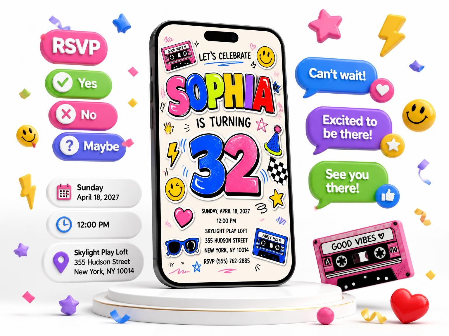 The Sticker Pop 32nd Birthday Invitation invitation on a phone, with guest RSVPs arriving around it