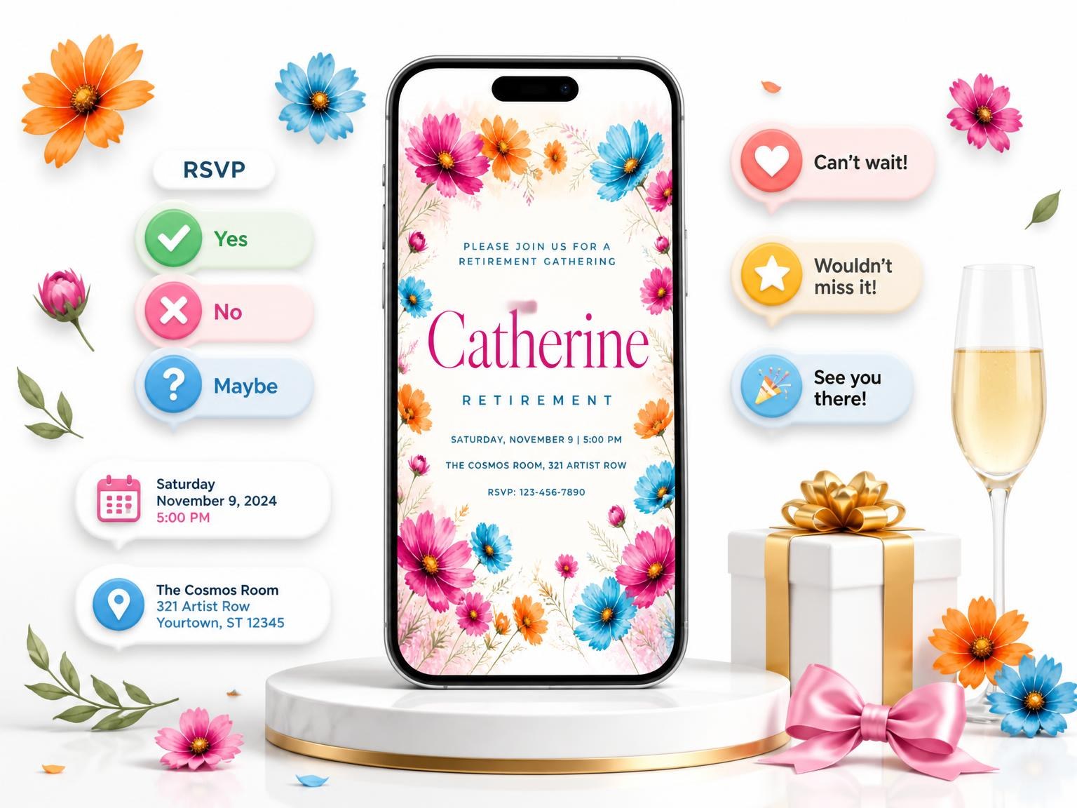 The Flowers Wildflowers Retirement Invitation invitation on a phone, with guest RSVPs arriving around it