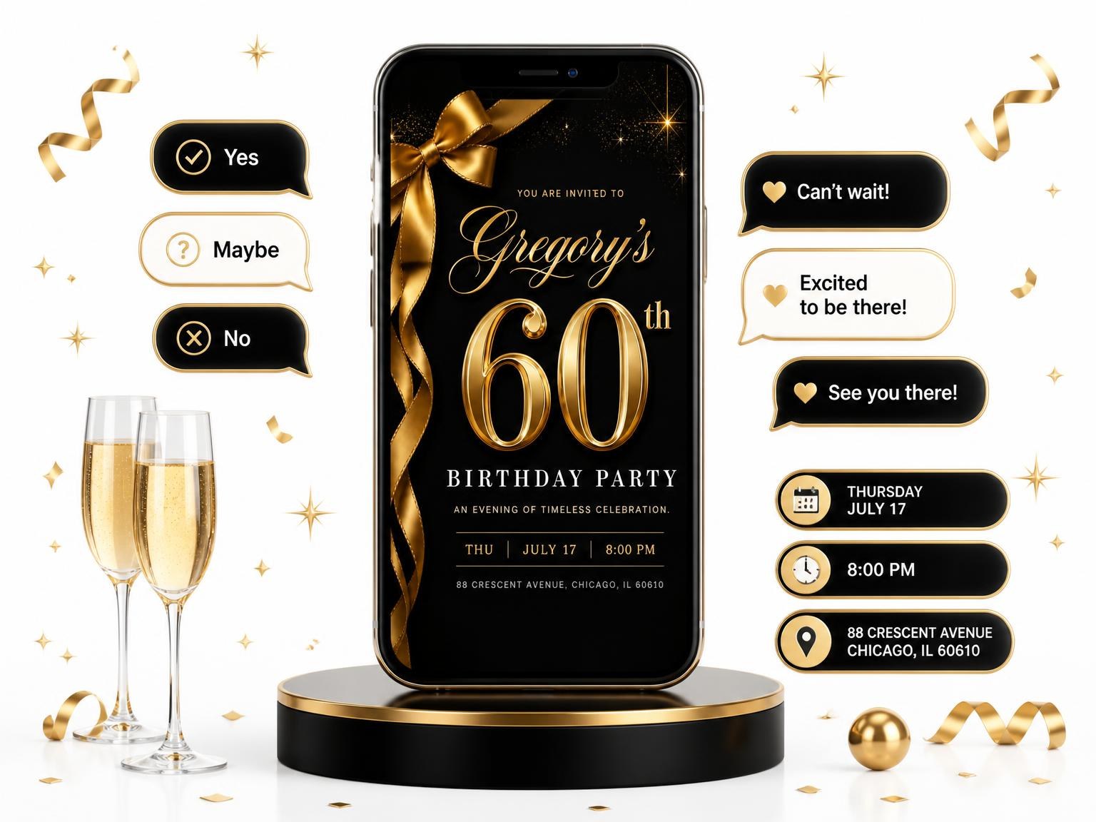 The Black and Gold Ribbon 60th Birthday invitation on a phone, with guest RSVPs arriving around it