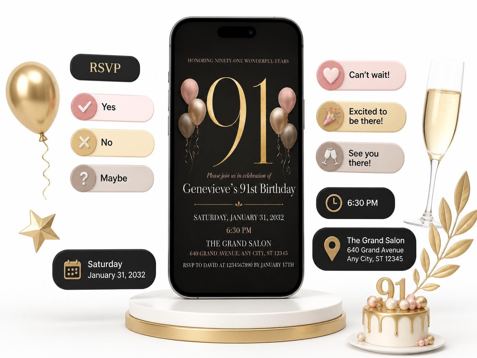 The Charcoal and Blush 91st Birthday Invitation invitation on a phone, with guest RSVPs arriving around it