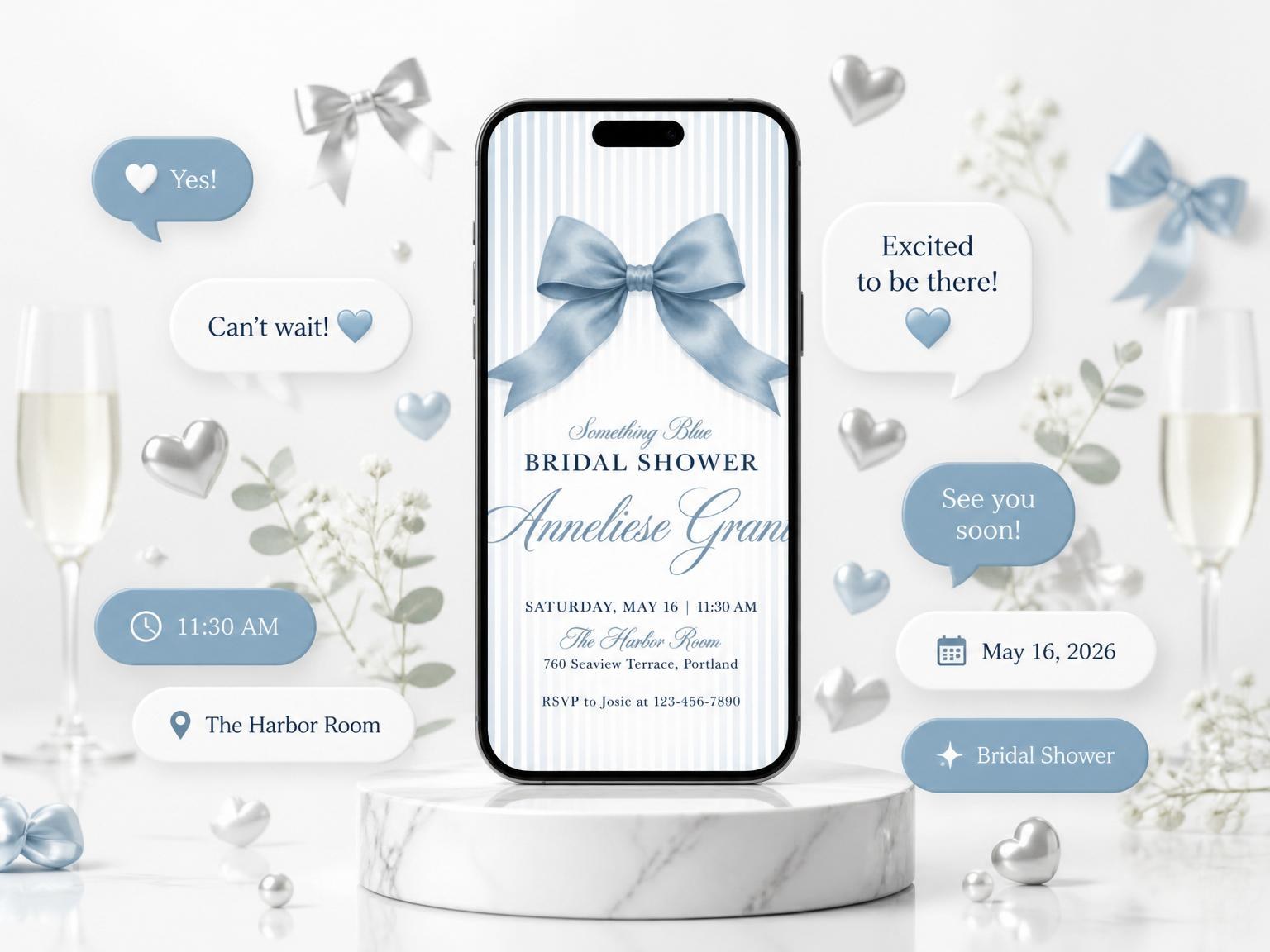 The Dusty Blue Satin Bow Bridal Shower invitation on a phone, with guest RSVPs arriving around it