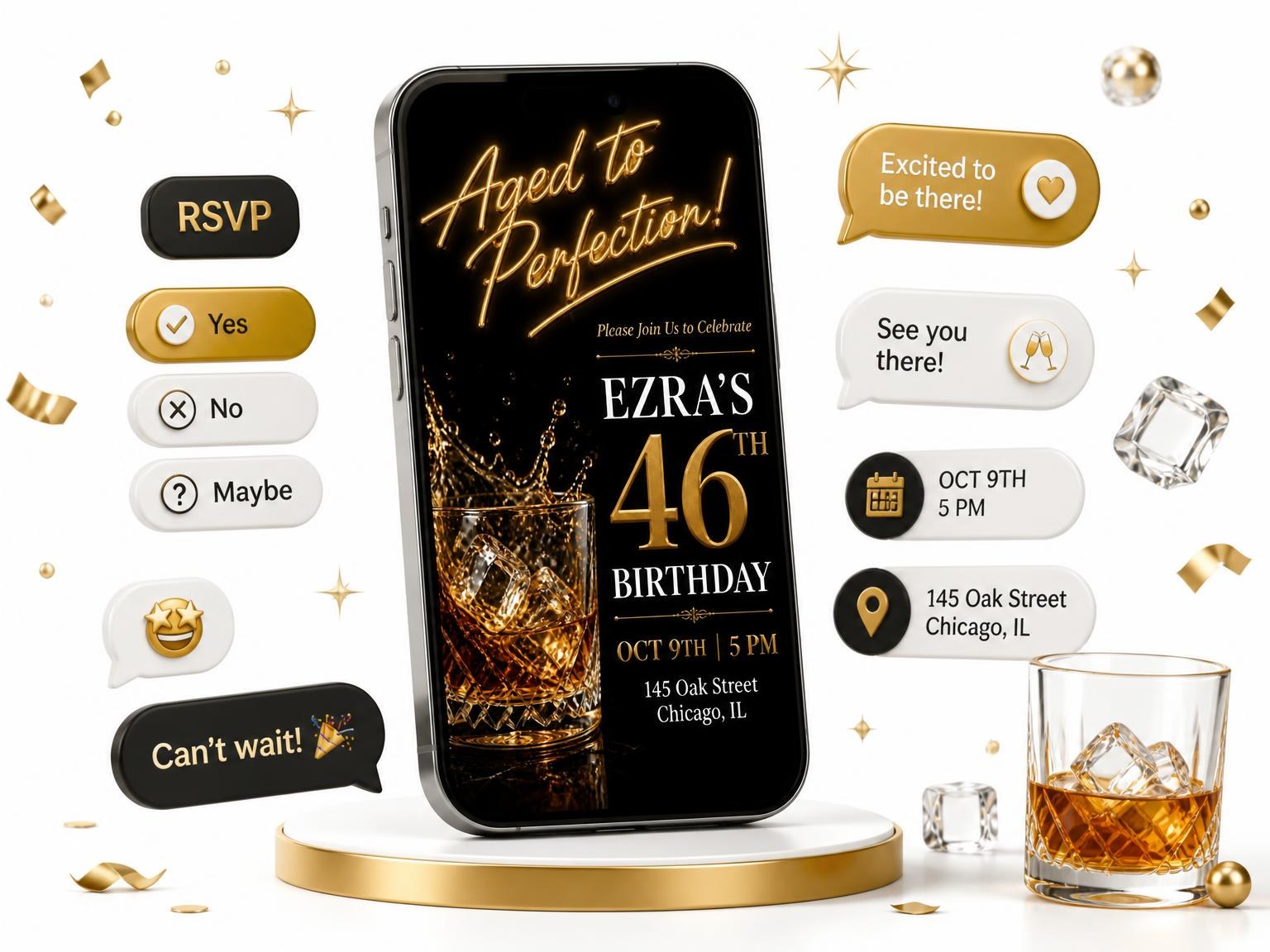 The Crystal Whiskey 46th Birthday Invitation invitation on a phone, with guest RSVPs arriving around it