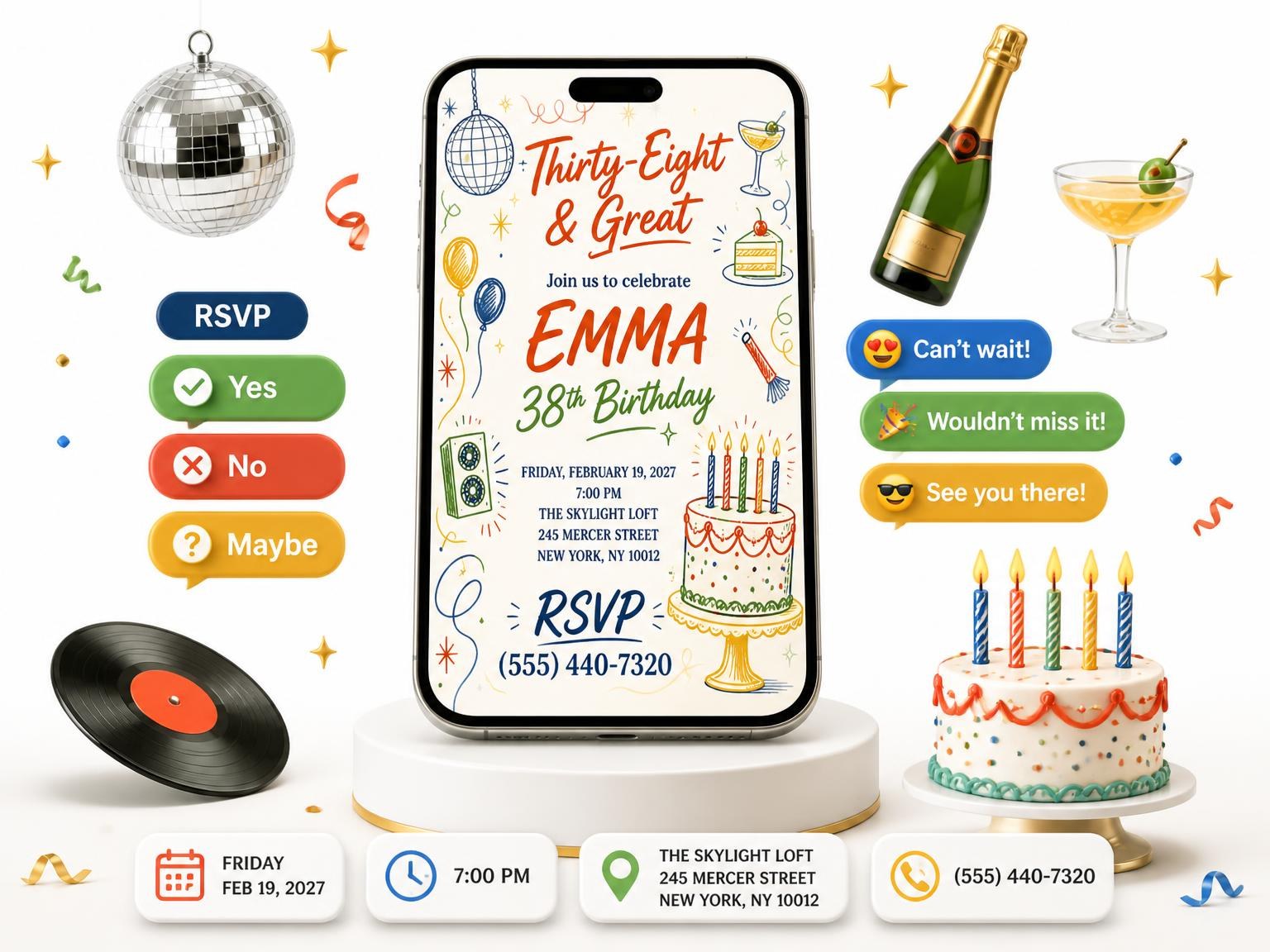 The Retro Doodle 38th Birthday Invitation invitation on a phone, with guest RSVPs arriving around it