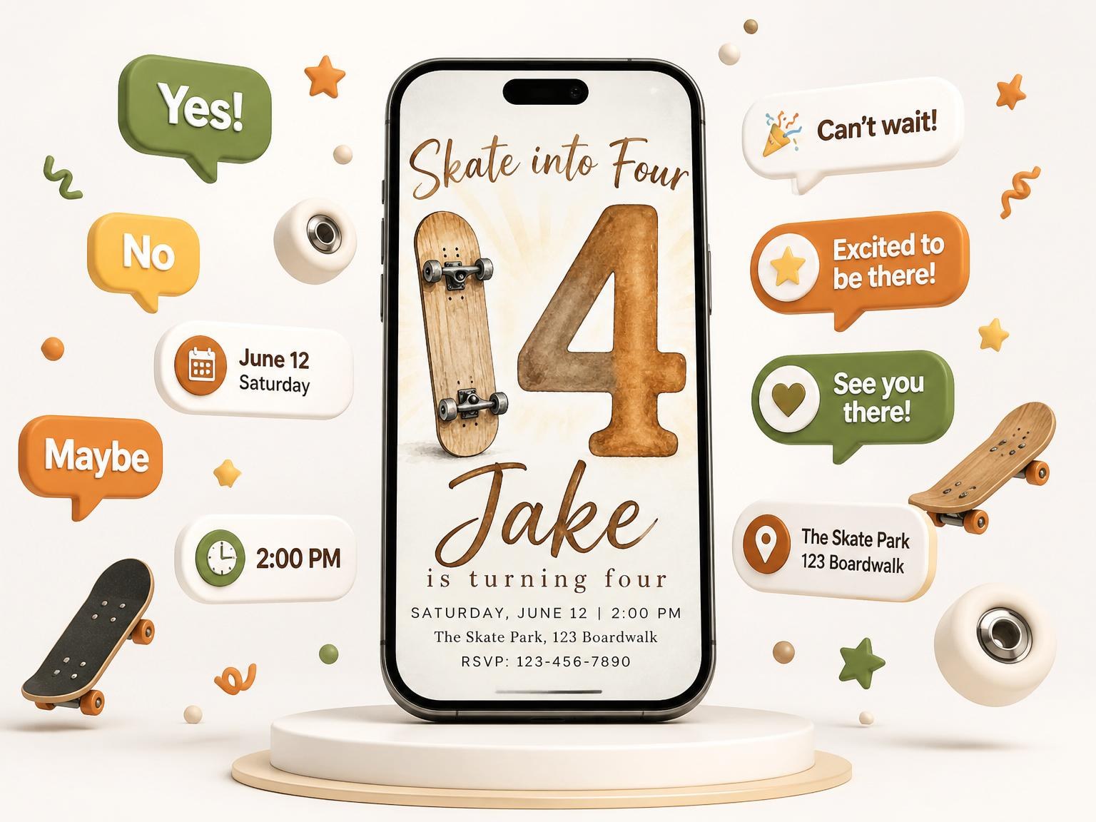 The Skate into Four Invitation invitation on a phone, with guest RSVPs arriving around it