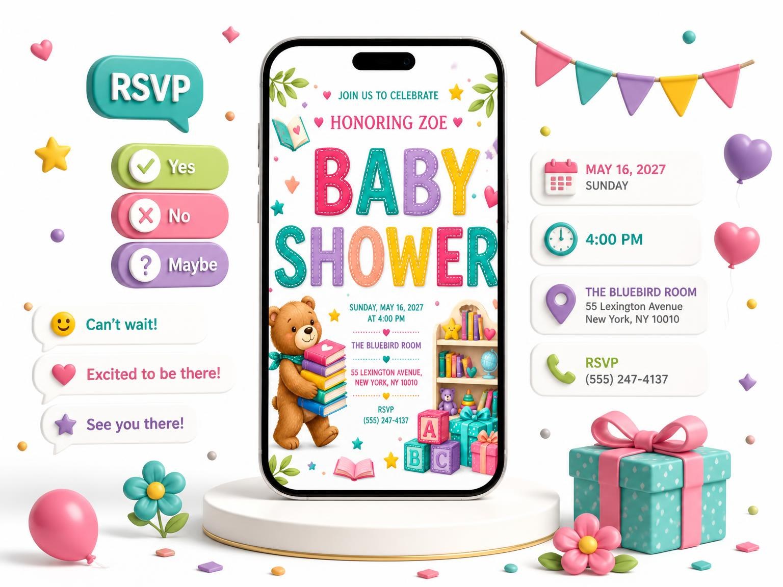 The Storybook Toys Baby Shower Invitation invitation on a phone, with guest RSVPs arriving around it