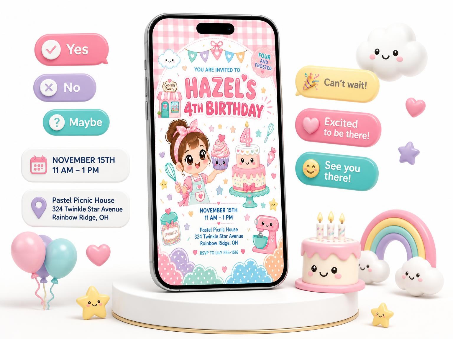 The Tiered Cake Kawaii 4th Birthday Invitation invitation on a phone, with guest RSVPs arriving around it