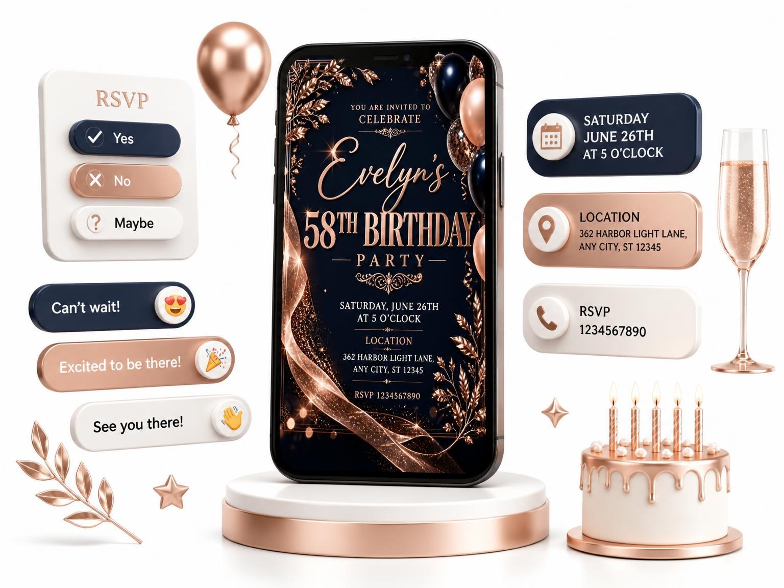 The Navy and Rose Gold 58th Birthday Invitation invitation on a phone, with guest RSVPs arriving around it
