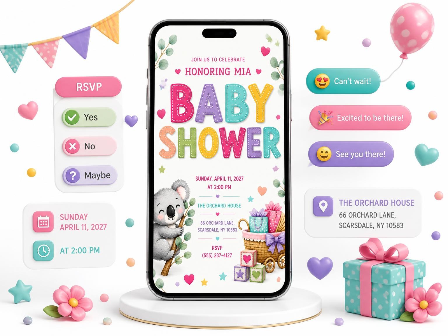 The Koala Climbing Baby Shower Invitation invitation on a phone, with guest RSVPs arriving around it
