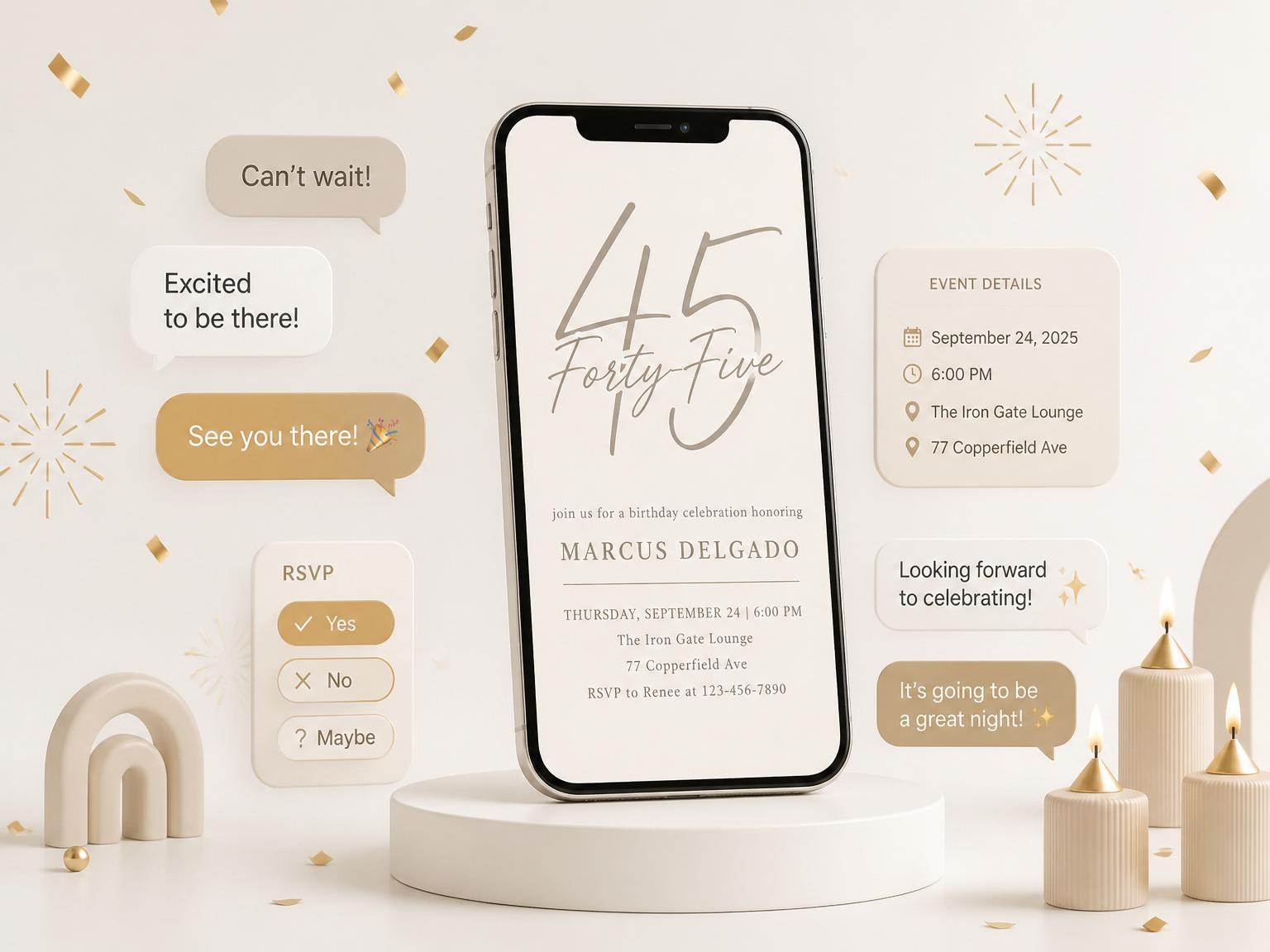 The Taupe Oversized Typography 45th Birthday invitation on a phone, with guest RSVPs arriving around it