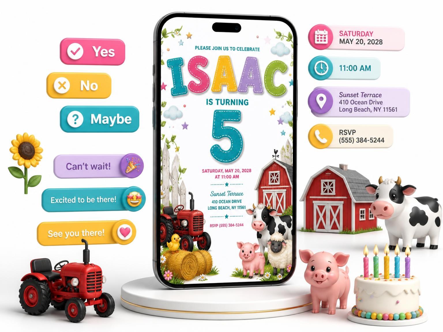 The Stitched Farm 5th Birthday Invitation invitation on a phone, with guest RSVPs arriving around it