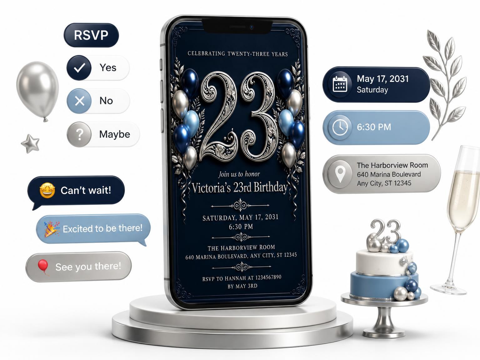 The Navy and Silver 23rd Birthday Invitation invitation on a phone, with guest RSVPs arriving around it