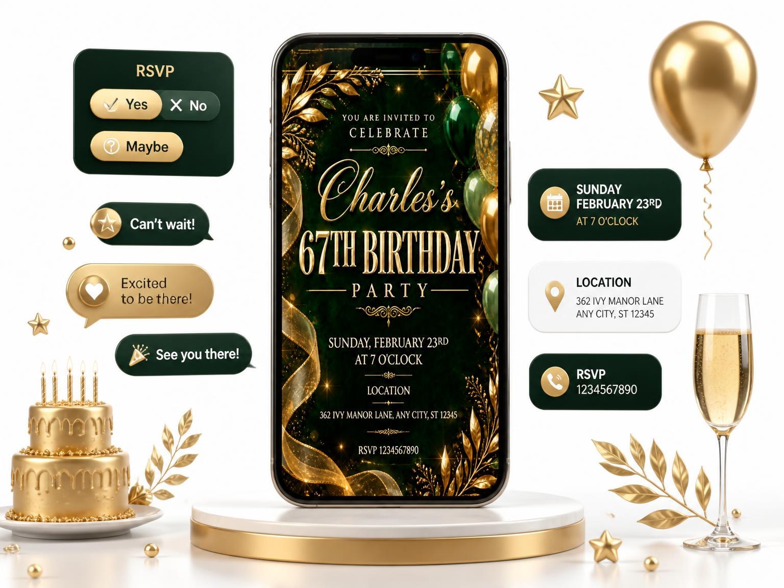 The Emerald and Champagne 67th Birthday Invitation invitation on a phone, with guest RSVPs arriving around it