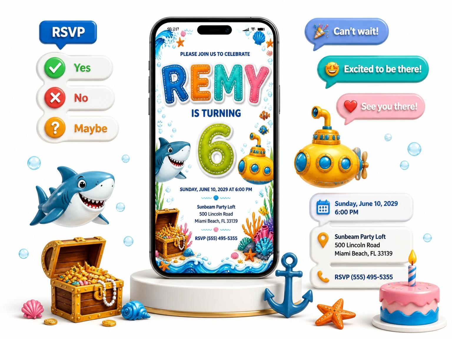 The Stitched Shark 6th Birthday Invitation invitation on a phone, with guest RSVPs arriving around it