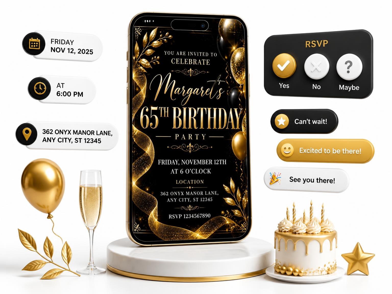 The Black and Gold 65th Birthday Invitation invitation on a phone, with guest RSVPs arriving around it