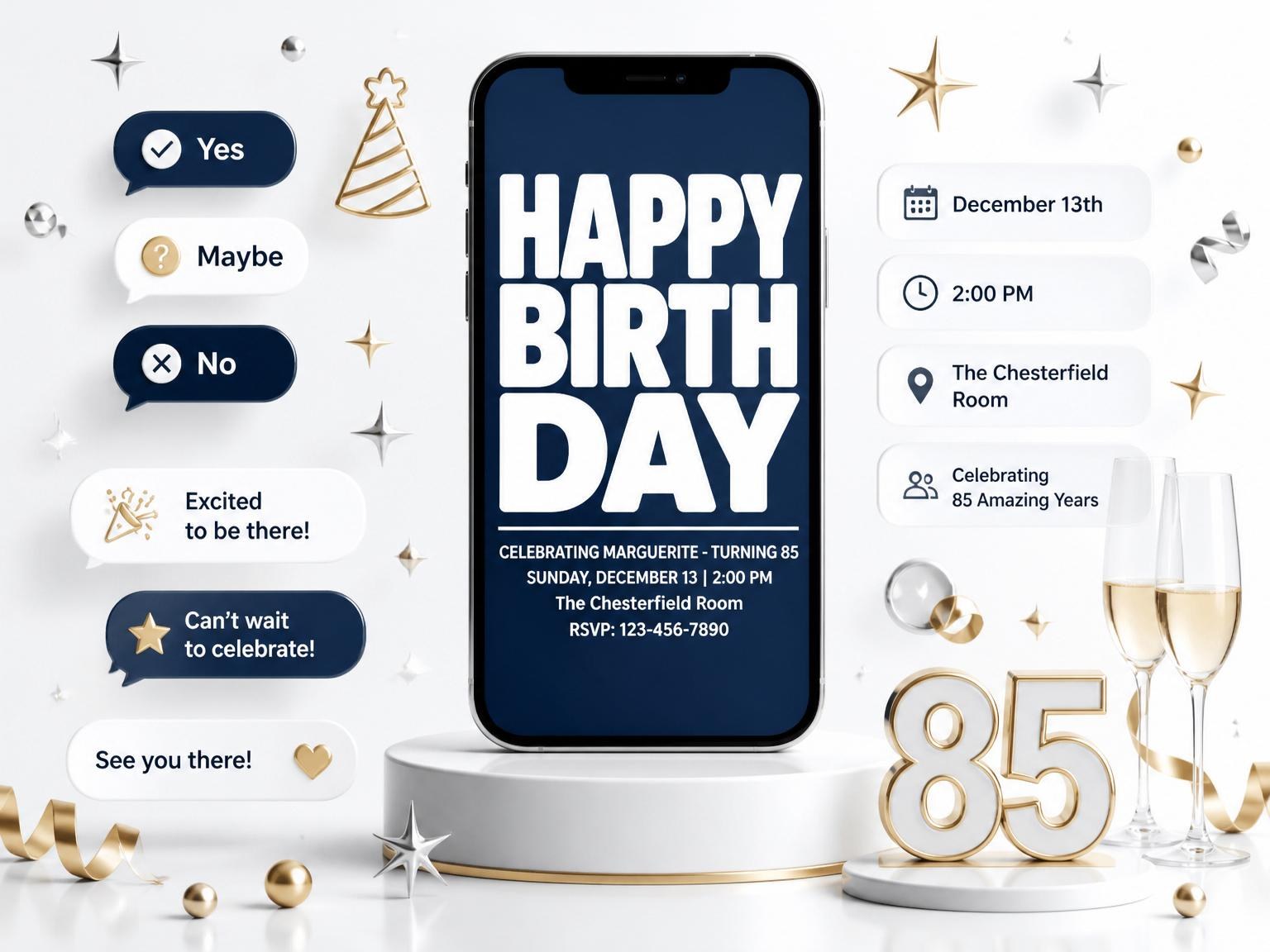 The Navy Bold Typography 85th Birthday invitation on a phone, with guest RSVPs arriving around it