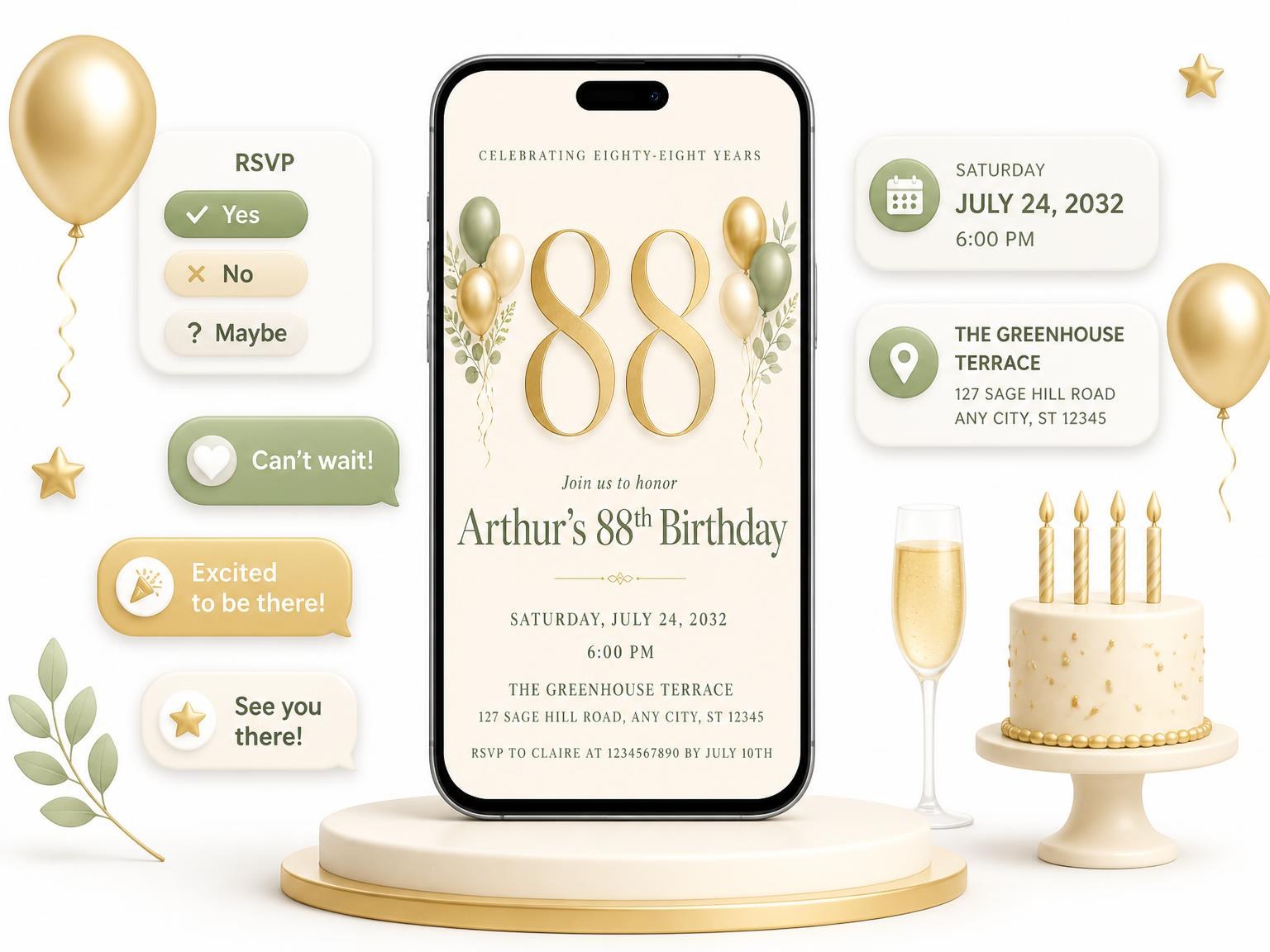 The Sage and Ivory 88th Birthday Invitation invitation on a phone, with guest RSVPs arriving around it