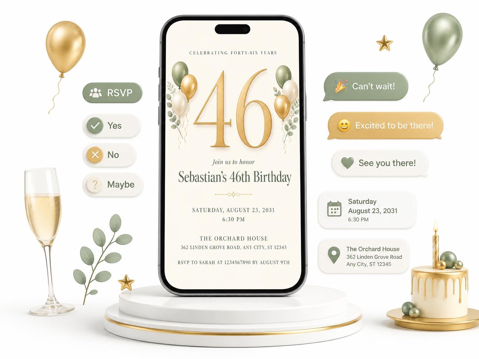 The Sage and Ivory 46th Birthday Invitation invitation on a phone, with guest RSVPs arriving around it