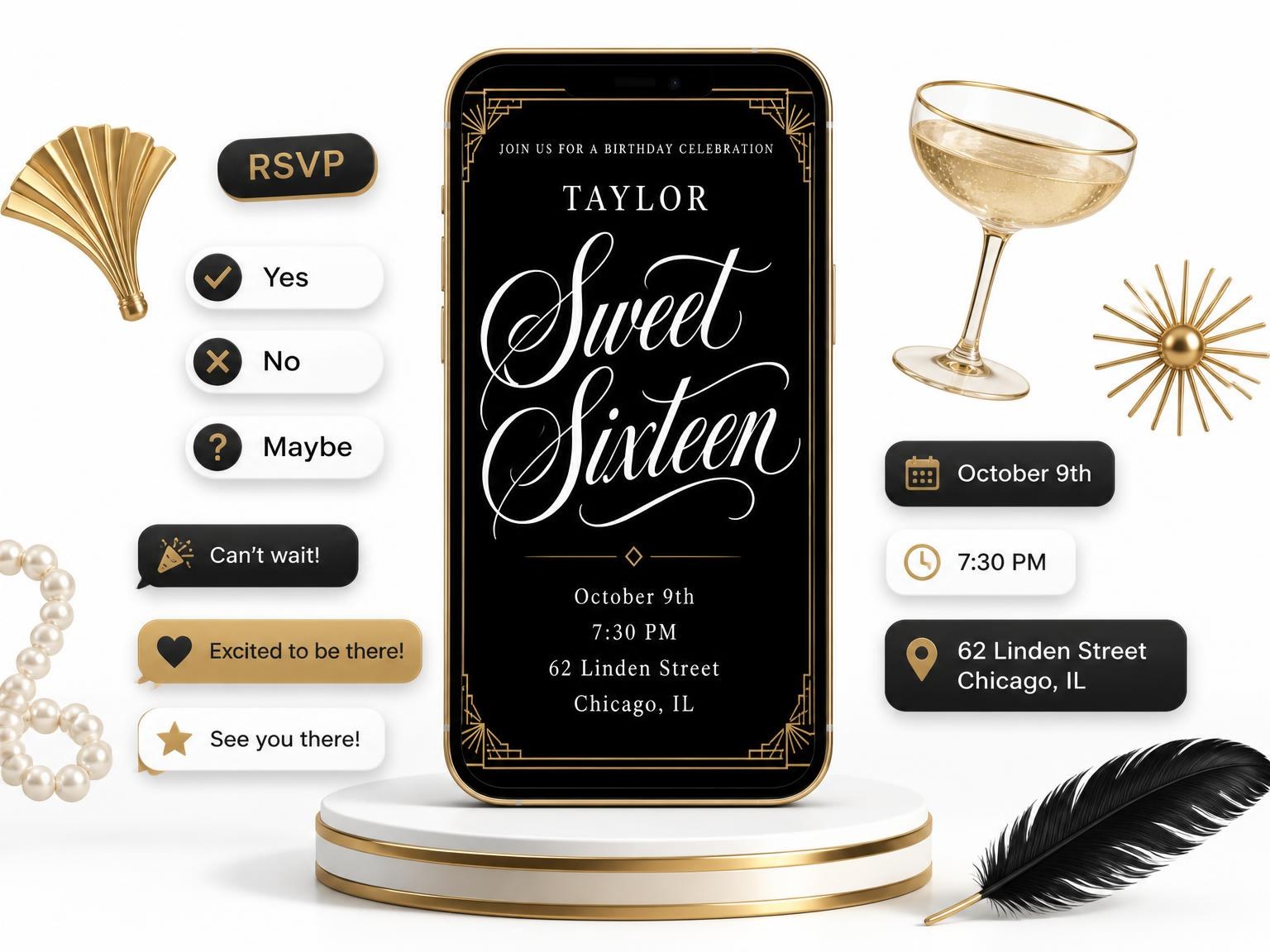 The Art Deco 16th Birthday Invitation invitation on a phone, with guest RSVPs arriving around it