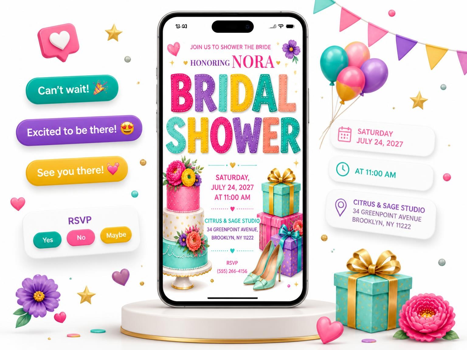 The Gift Boxes Bridal Shower Invitation invitation on a phone, with guest RSVPs arriving around it