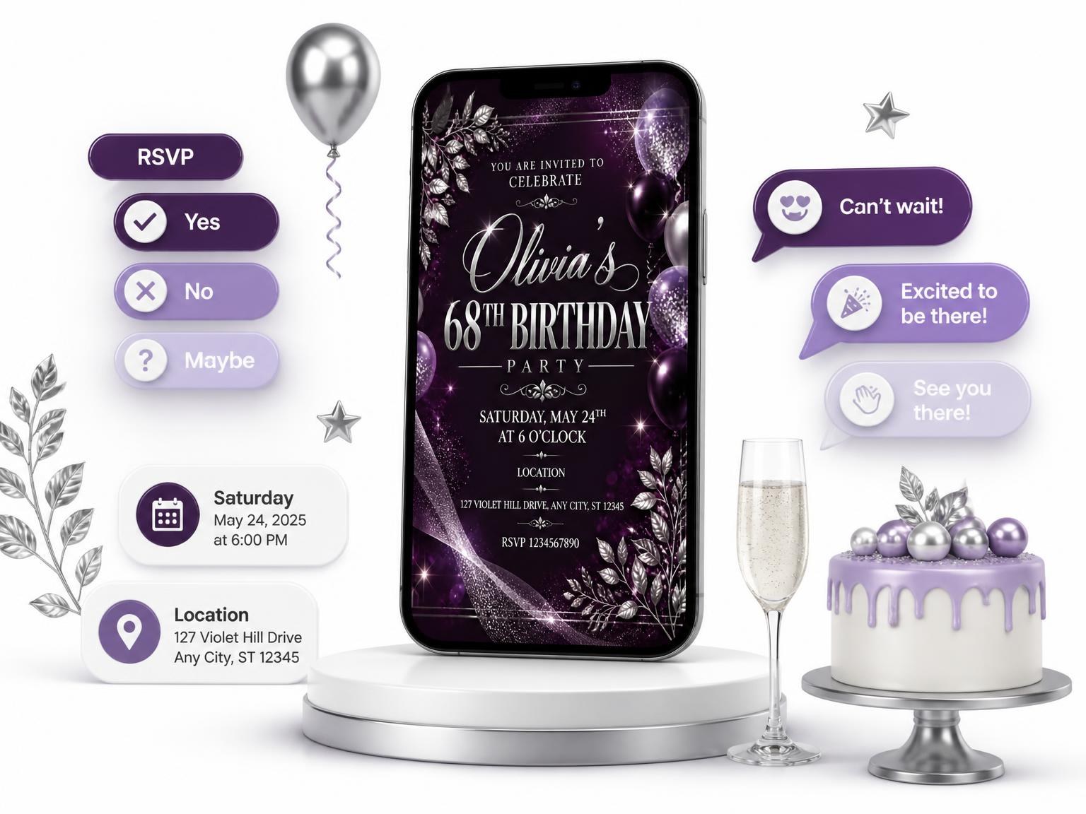 The Plum and Silver 68th Birthday Invitation invitation on a phone, with guest RSVPs arriving around it