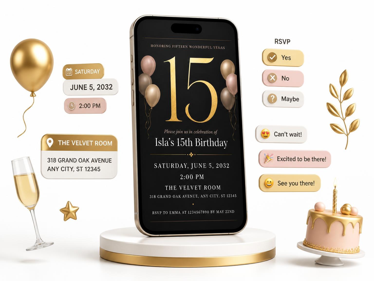 The Charcoal and Blush 15th Birthday Invitation invitation on a phone, with guest RSVPs arriving around it