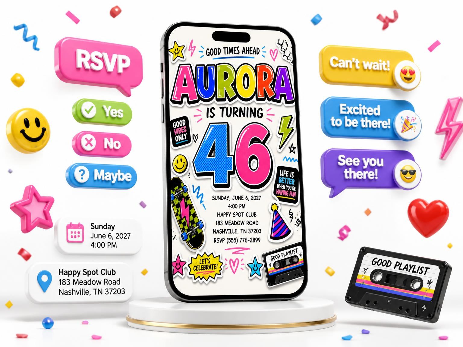 The Sticker Pop 46th Birthday Invitation invitation on a phone, with guest RSVPs arriving around it