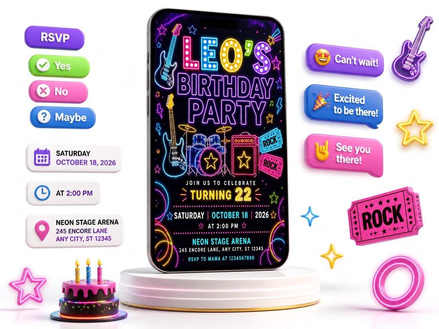 The Neon Rock Star 22nd Birthday Invitation invitation on a phone, with guest RSVPs arriving around it