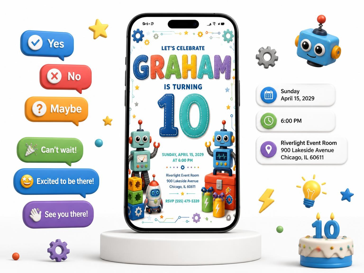 The Stitched Robot 10th Birthday Invitation invitation on a phone, with guest RSVPs arriving around it