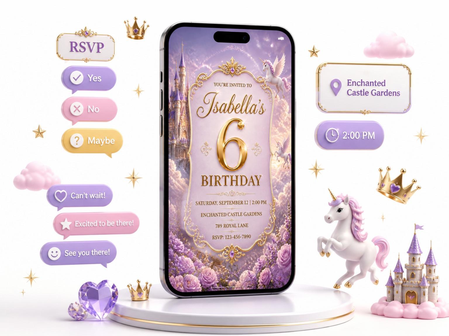 The Lavender Castle Unicorn 6th Birthday Invitation invitation on a phone, with guest RSVPs arriving around it