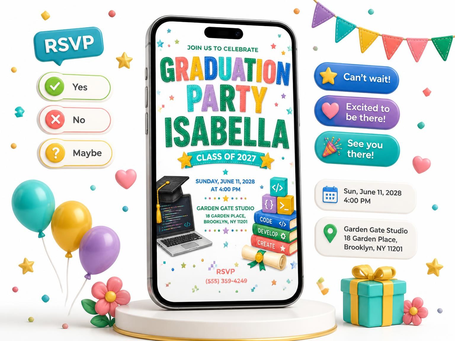 The Laptop Graduation Party Invitation invitation on a phone, with guest RSVPs arriving around it