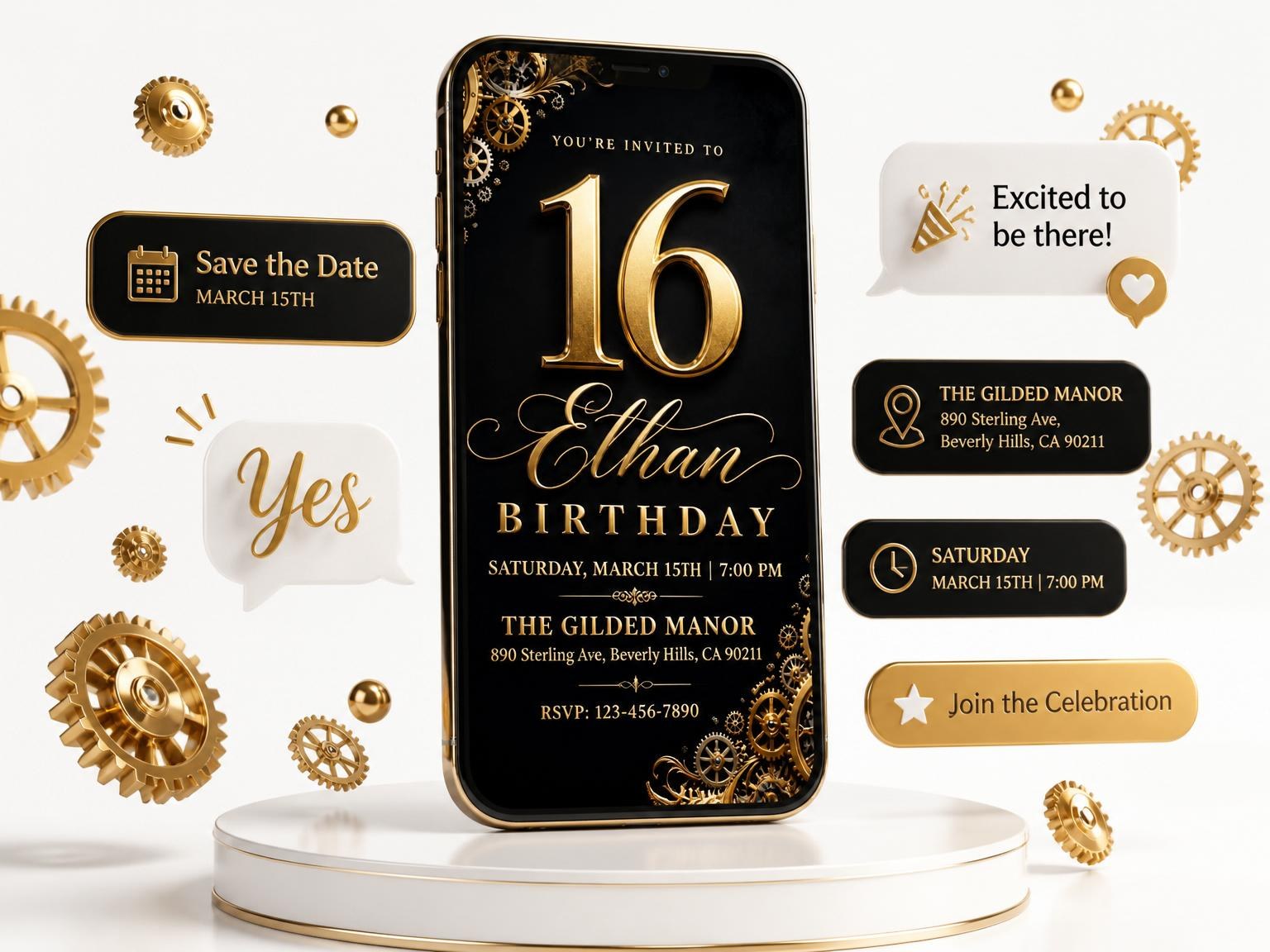 The Gold Clockwork Navy 16th Birthday Invitation invitation on a phone, with guest RSVPs arriving around it