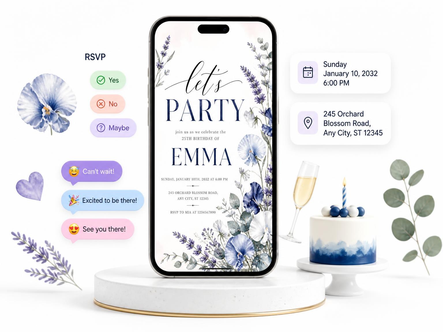 The Lavender Sprig Dusty Blue 25th Birthday Invitation invitation on a phone, with guest RSVPs arriving around it