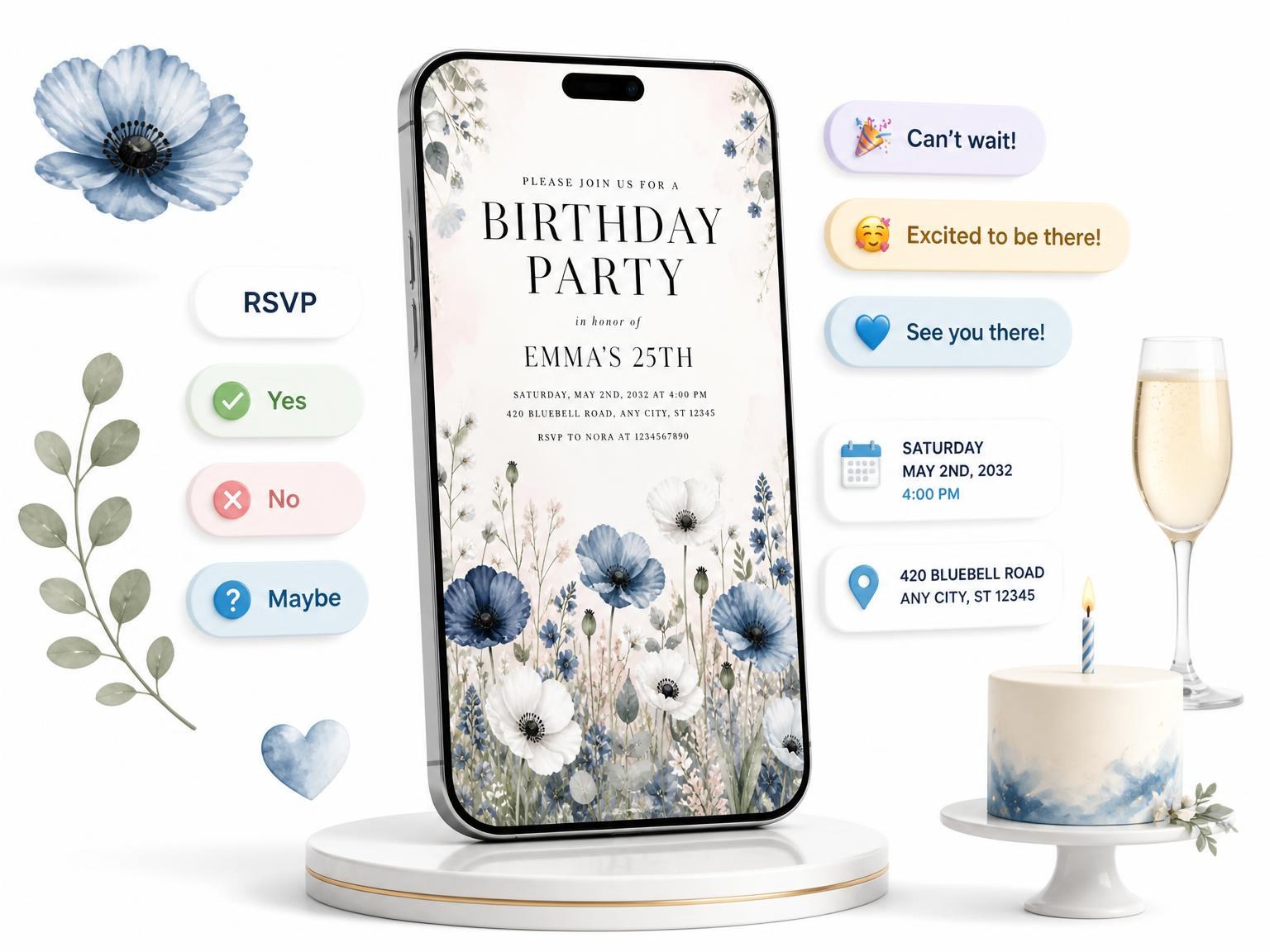 The Wildflowers Poppies 25th Birthday Invitation invitation on a phone, with guest RSVPs arriving around it