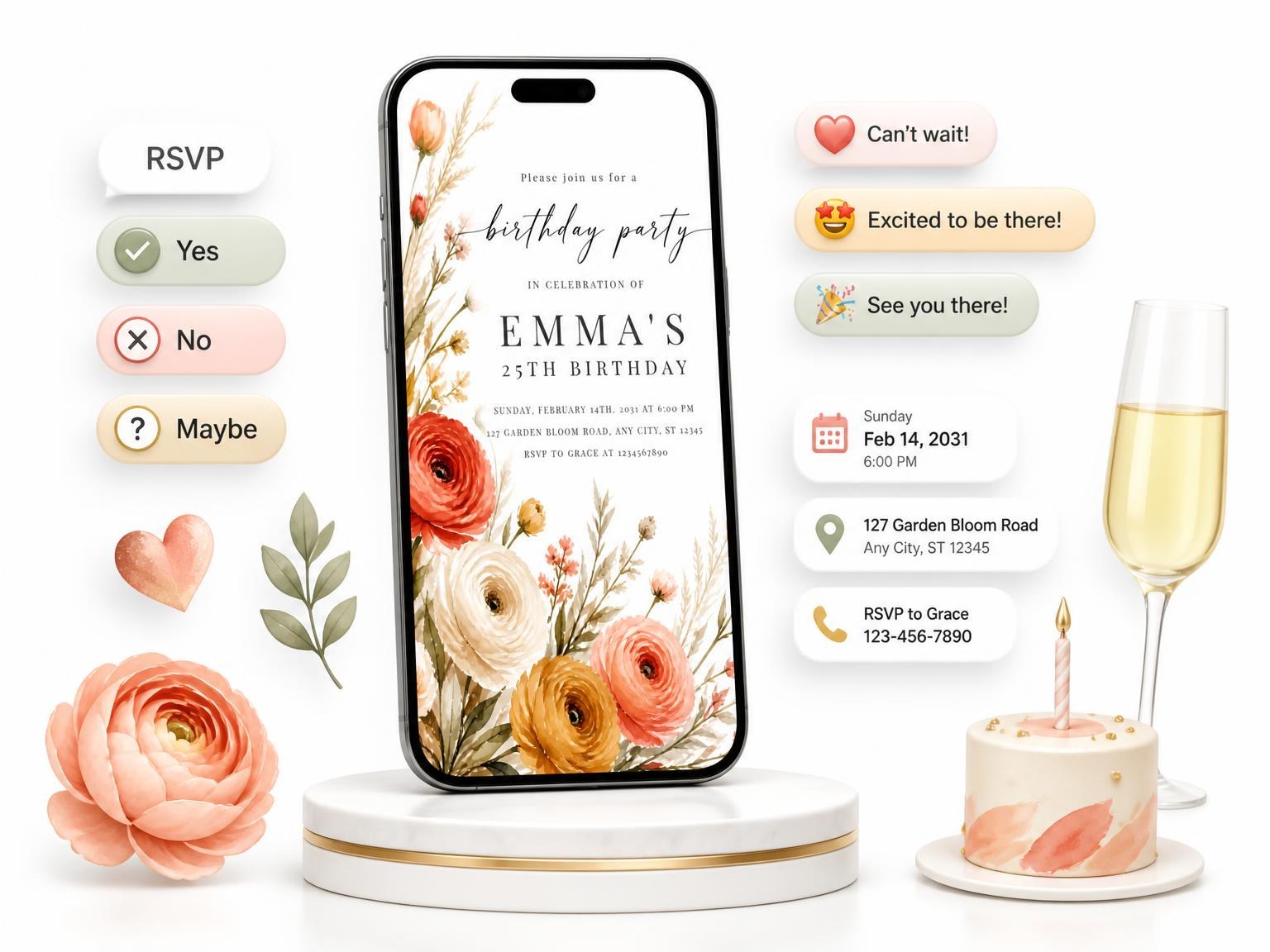 The Terracotta Floral 25th Birthday Invitation invitation on a phone, with guest RSVPs arriving around it