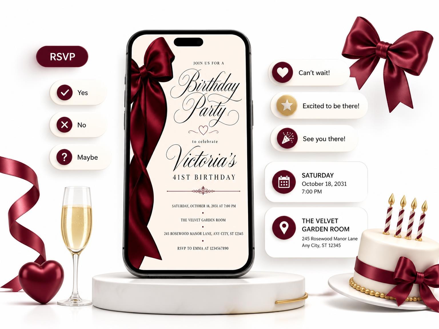 The Burgundy Satin Bow 41st Birthday Invitation invitation on a phone, with guest RSVPs arriving around it