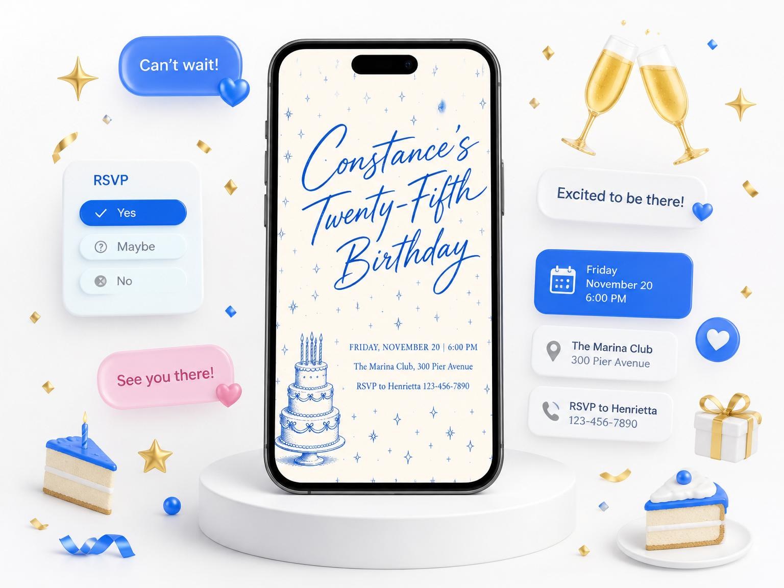 The Cream and Blue Ink 25th Birthday invitation on a phone, with guest RSVPs arriving around it