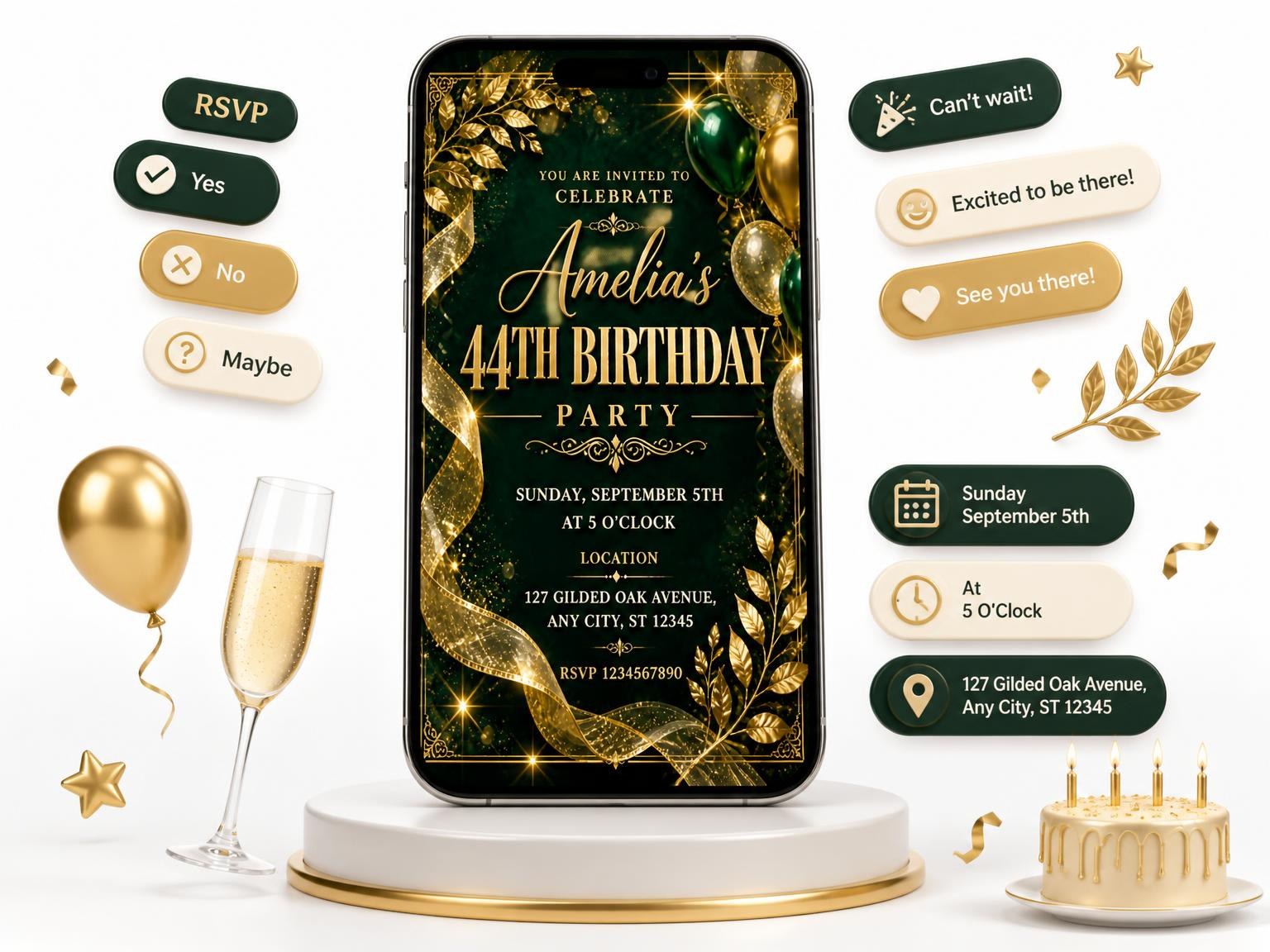 The Emerald and Champagne 44th Birthday Invitation invitation on a phone, with guest RSVPs arriving around it