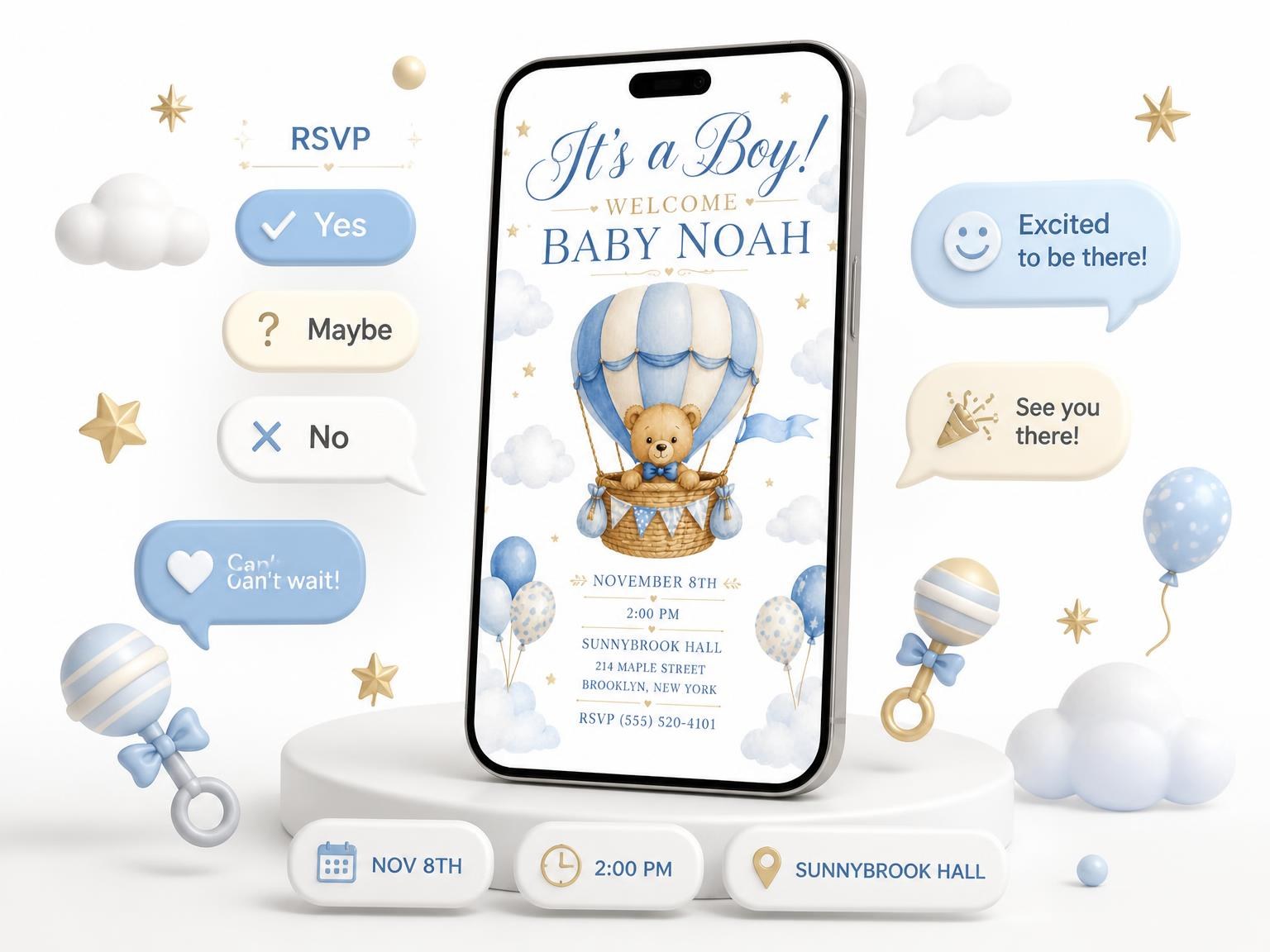 The Blue Watercolor Teddy Hot Air Baby Shower invitation on a phone, with guest RSVPs arriving around it