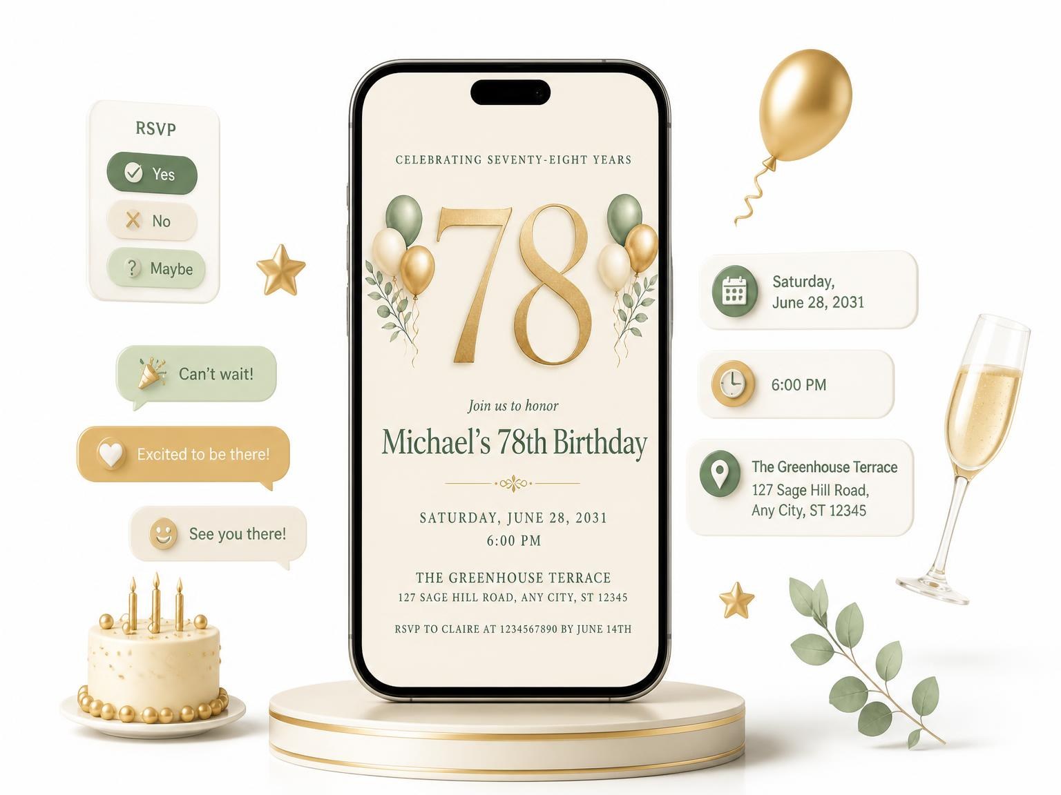 The Sage and Ivory 78th Birthday Invitation invitation on a phone, with guest RSVPs arriving around it