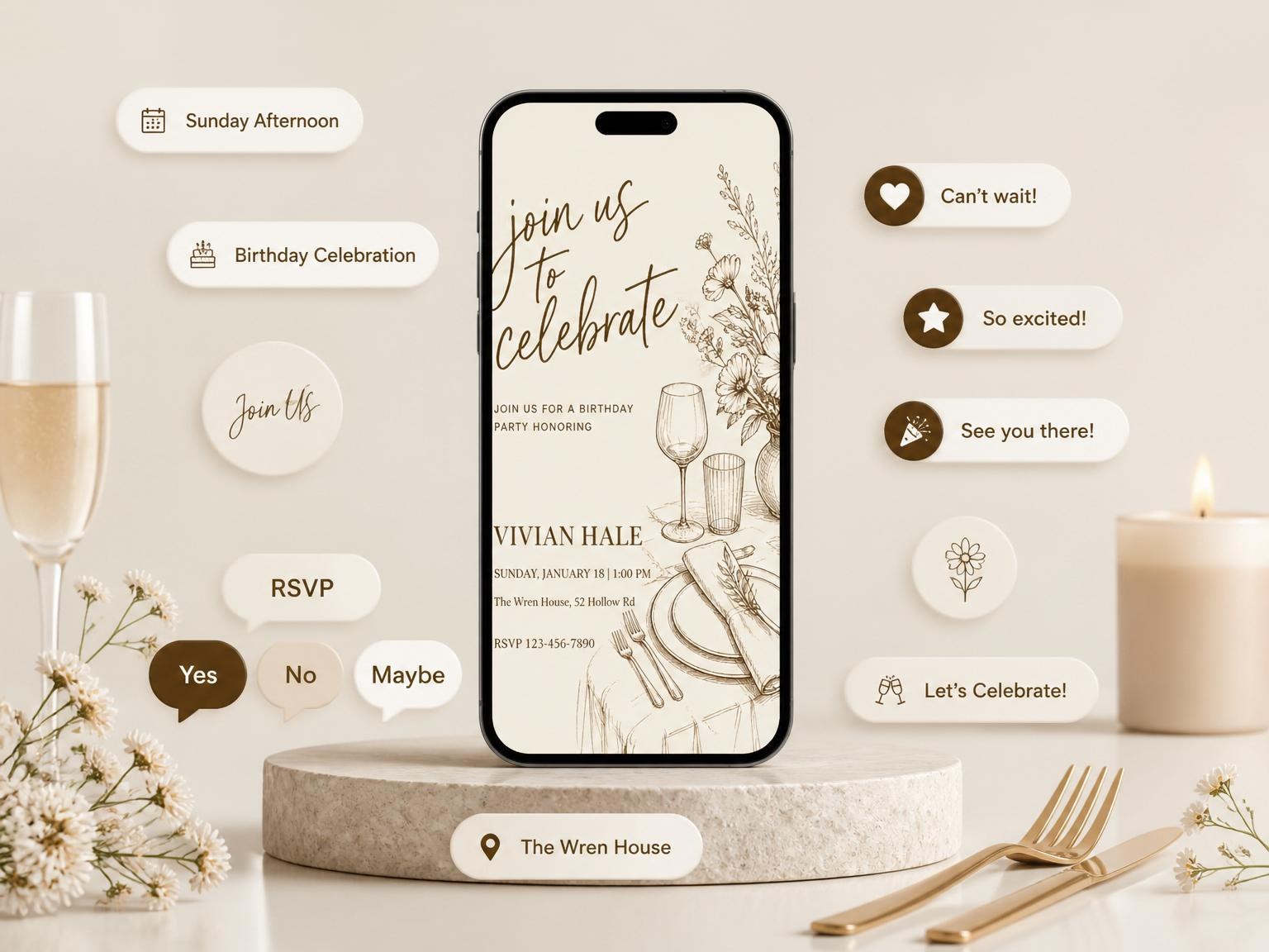 The Sepia Botanical Tabletop Birthday Invitation invitation on a phone, with guest RSVPs arriving around it