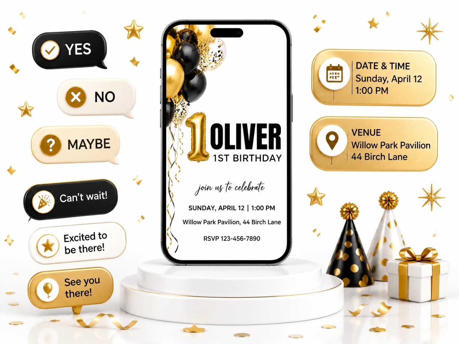 The Gold and Black Balloon 1st Birthday invitation on a phone, with guest RSVPs arriving around it
