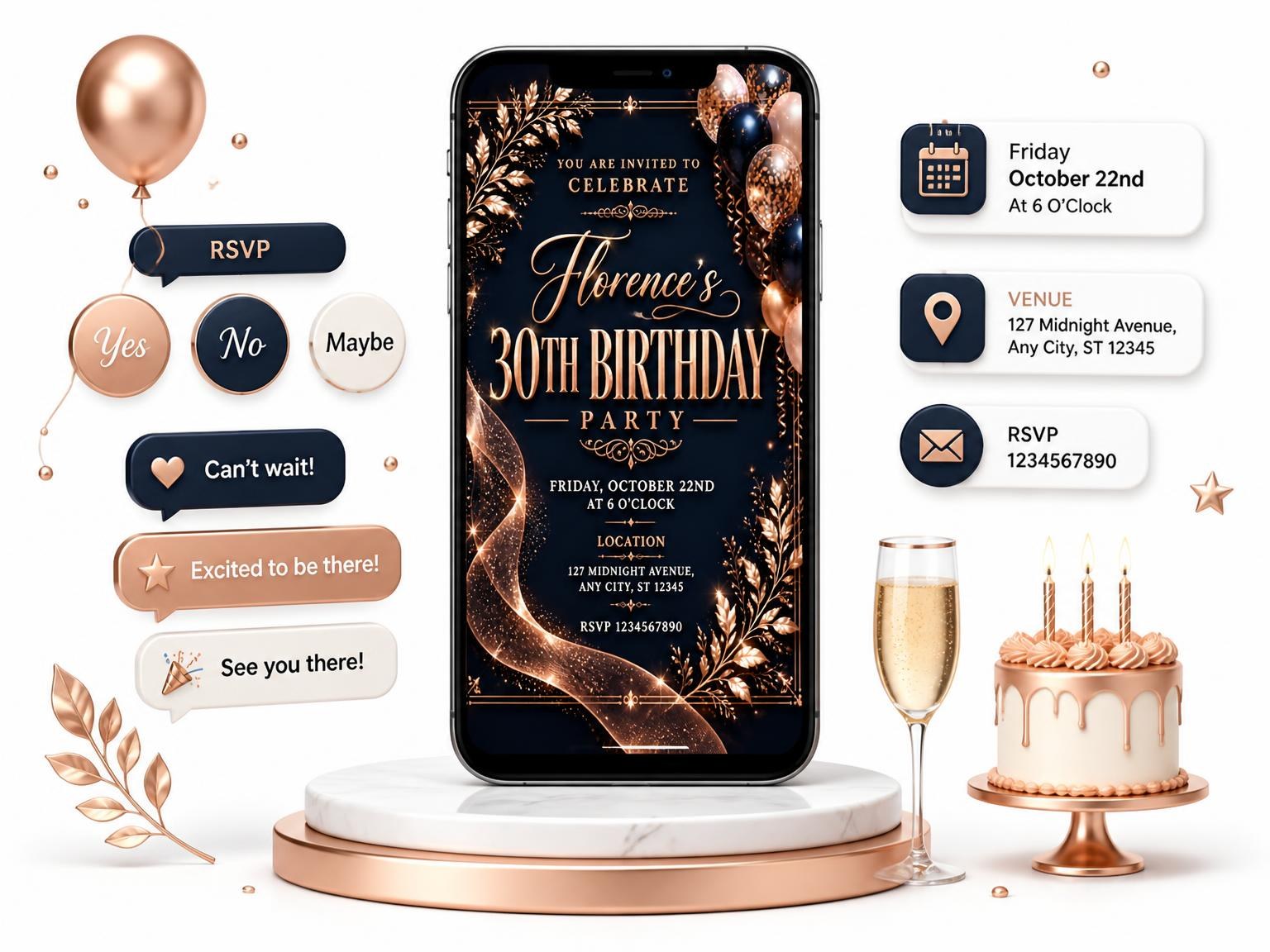 The Navy and Rose Gold 30th Birthday Invitation invitation on a phone, with guest RSVPs arriving around it