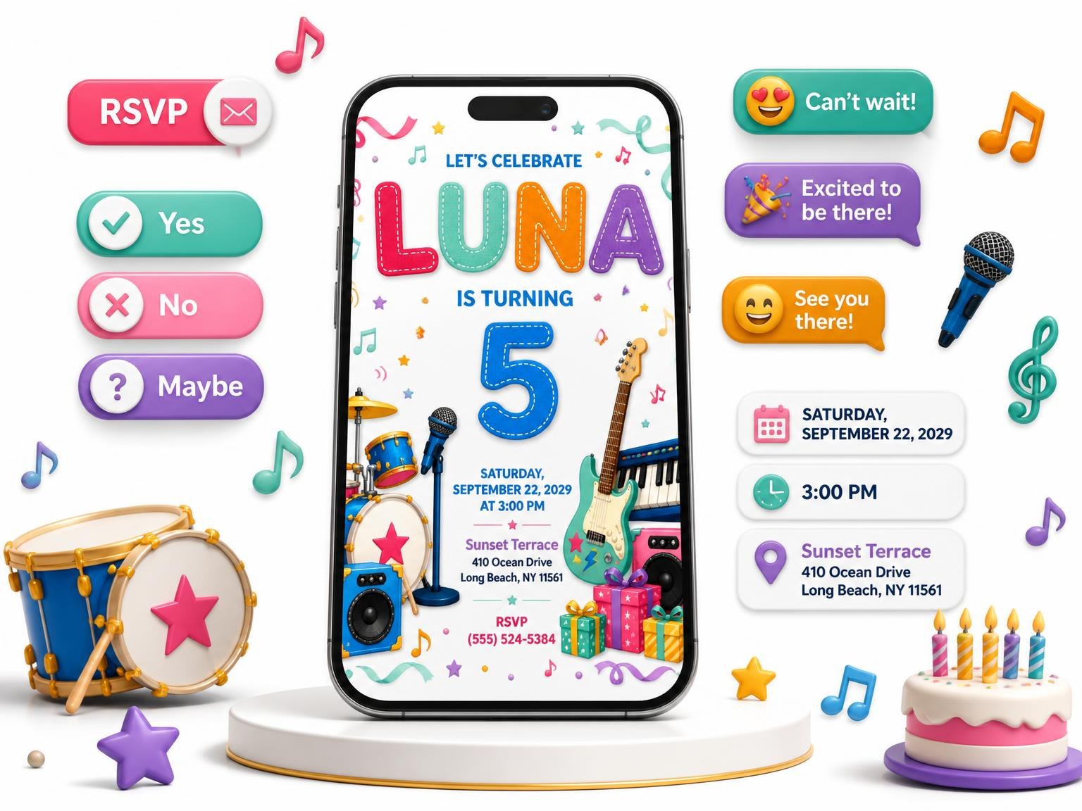 The Stitched Rock Star 5th Birthday Invitation invitation on a phone, with guest RSVPs arriving around it