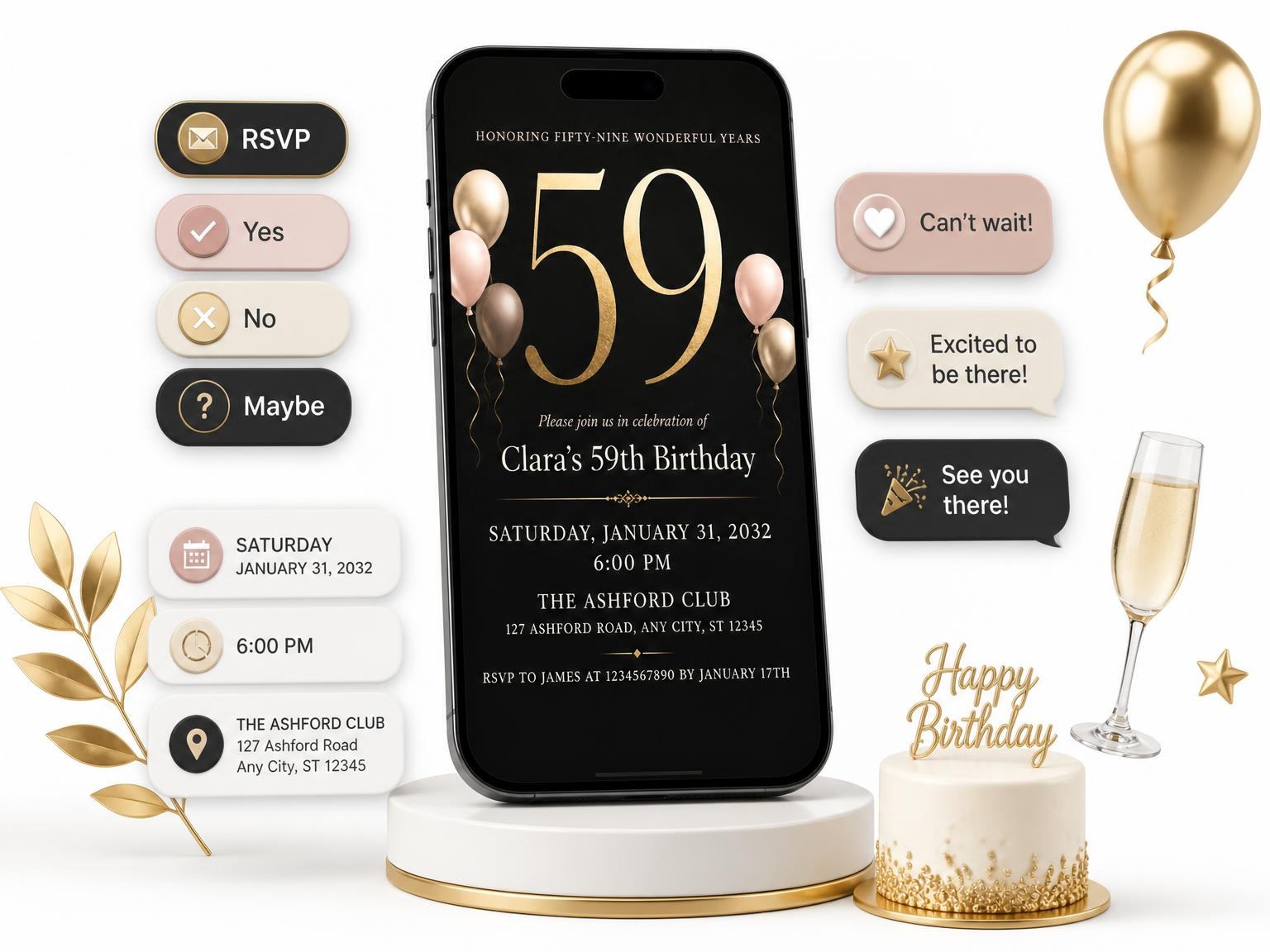 The Charcoal and Blush 59th Birthday Invitation invitation on a phone, with guest RSVPs arriving around it