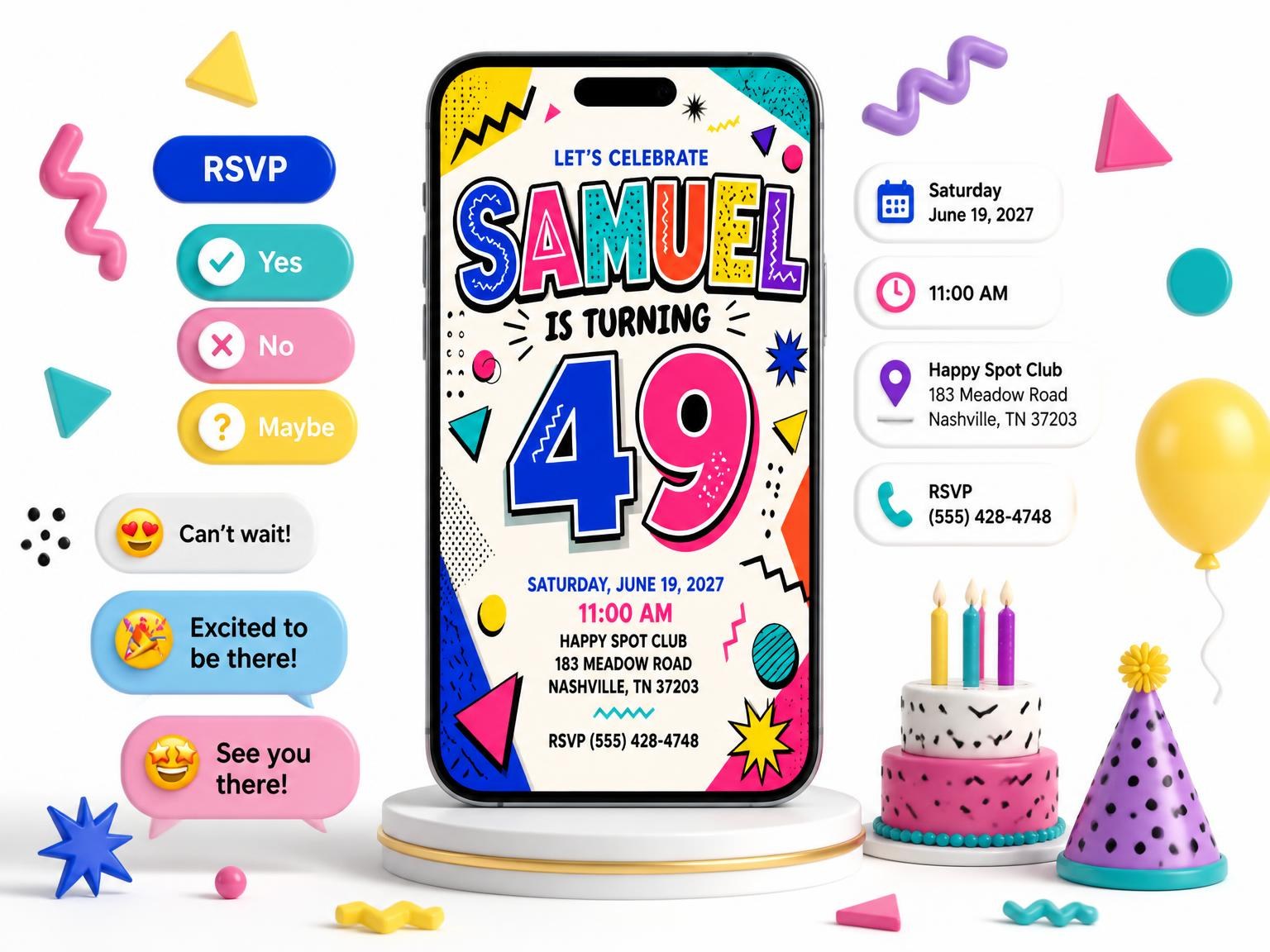 The Memphis Pop 49th Birthday Invitation invitation on a phone, with guest RSVPs arriving around it