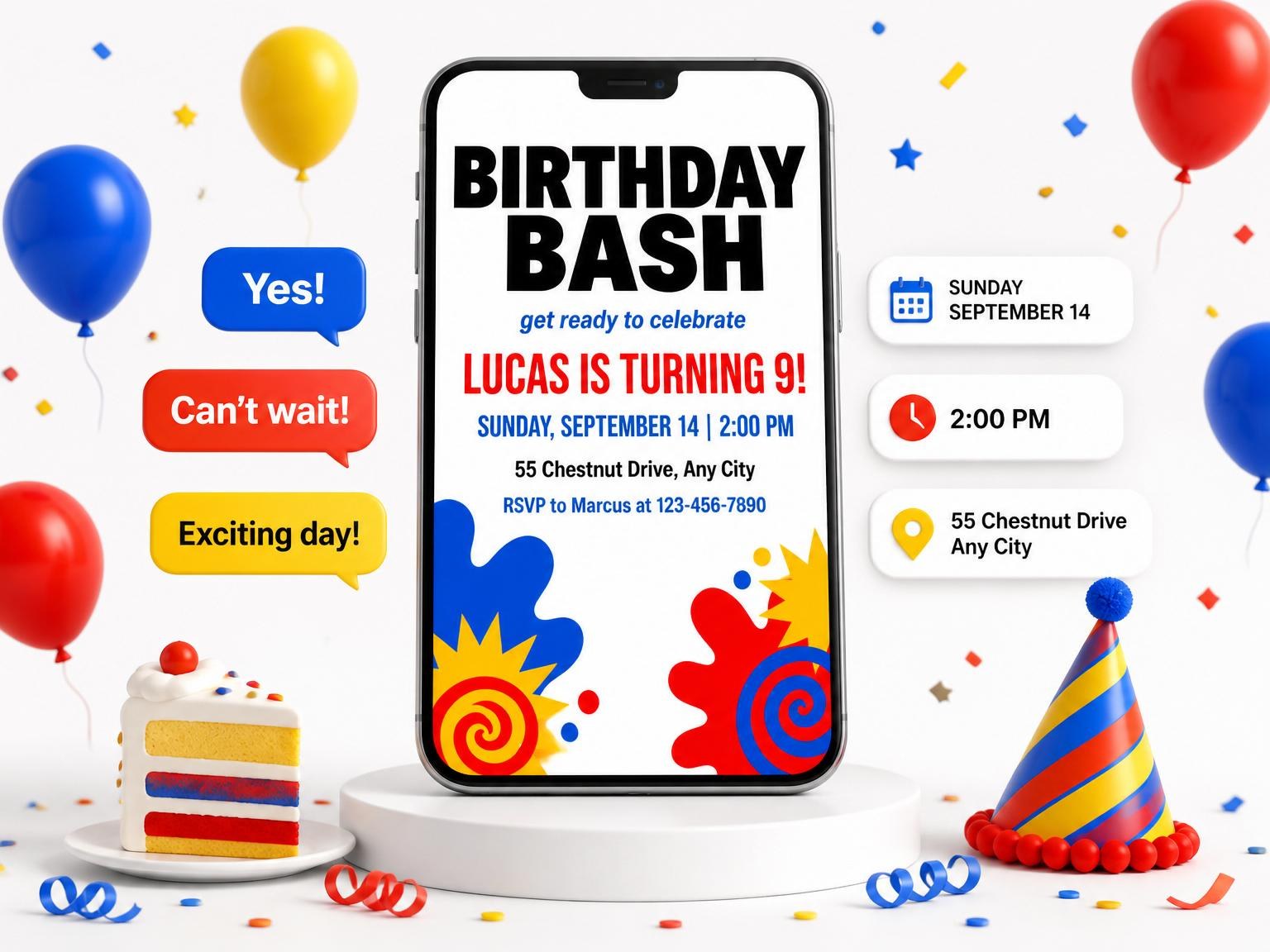 The Primary Color Abstract 9th Birthday Invitation invitation on a phone, with guest RSVPs arriving around it