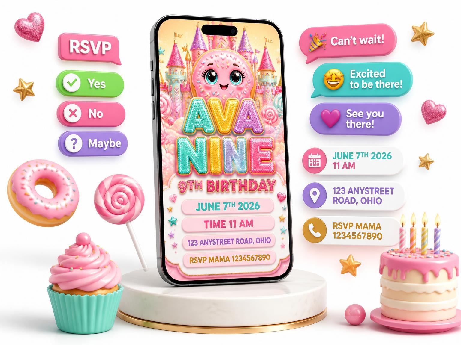The Glitter Candy Castle 9th Birthday Invitation invitation on a phone, with guest RSVPs arriving around it